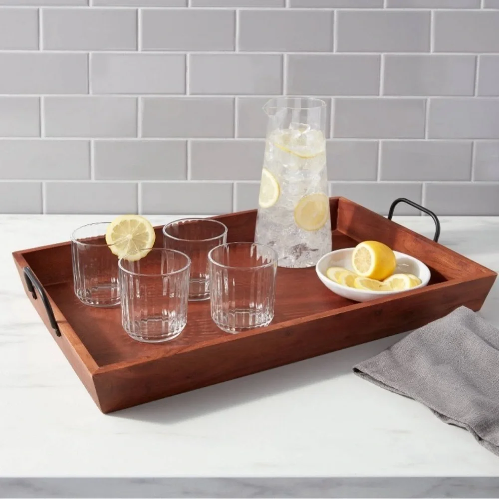 Large Rectangular Wood Tray with Metal Handles